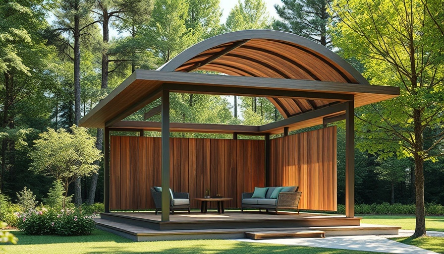 Modern gazebo with wooden panels in a garden.