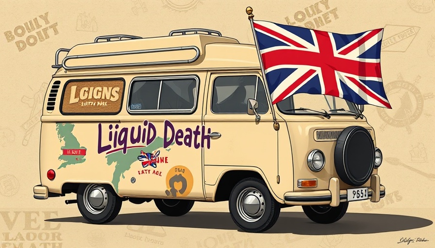 Liquid Death van with UK flag on beige graphic background.