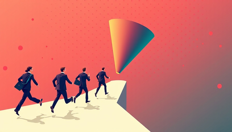 Illustration of businesspeople navigating a funnel pathway, digital art showcasing conversion funnels for better customer journey.