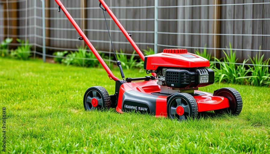 Bright red lawn mower on green grass in backyard garden.