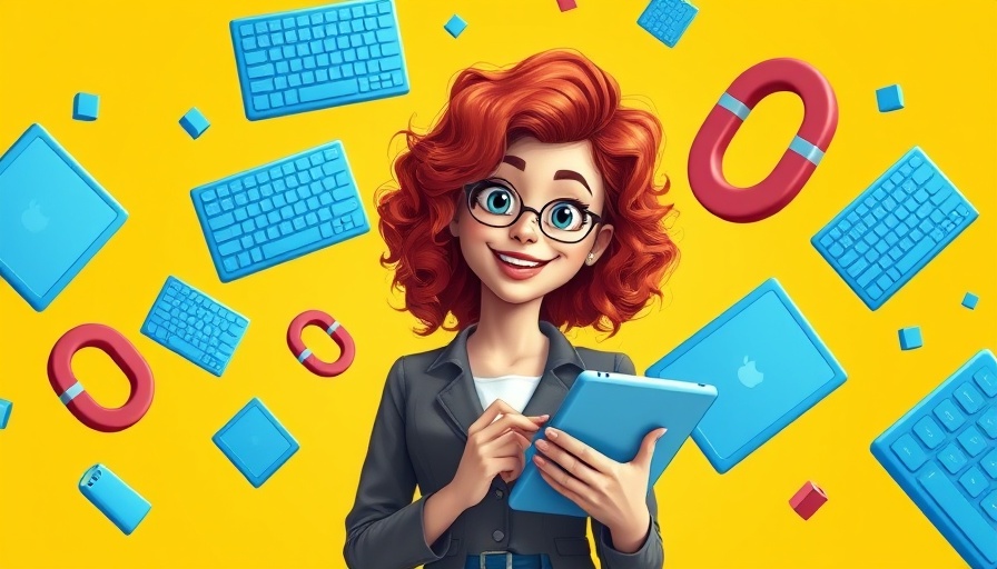 Young woman in digital business concept with floating keyboards.