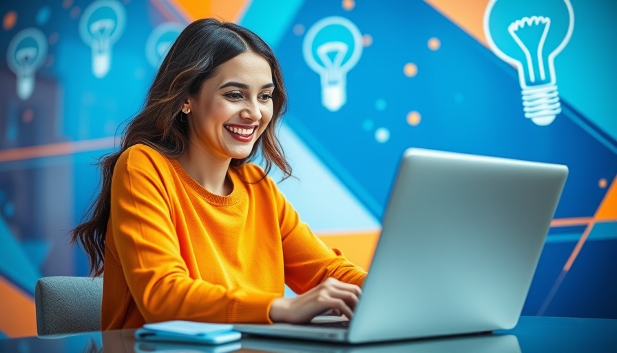 Cheerful woman with laptop and lightbulb graphics, Brand Style Guide Importance.