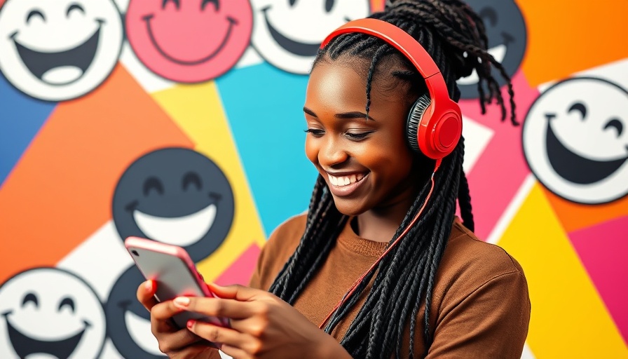 Smiling woman using smartphone, vibrant cultural marketing concept