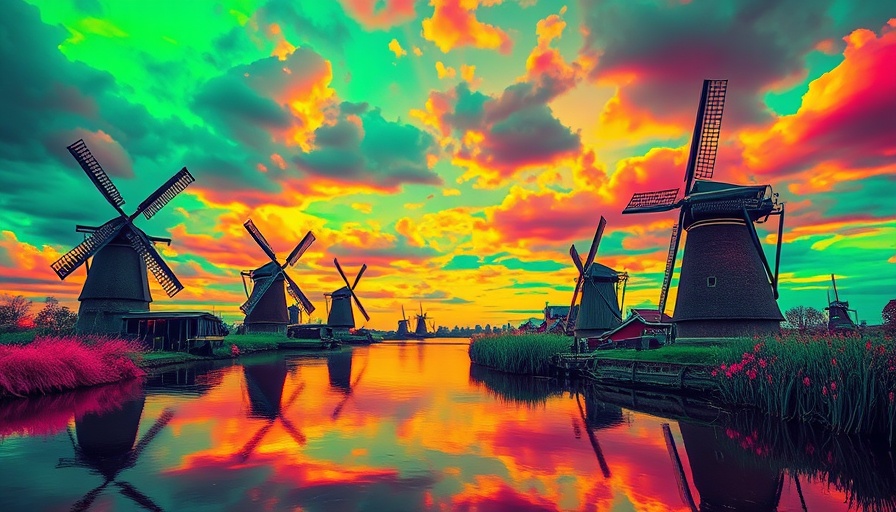 Surreal Dutch windmills with vibrant abstract colors.