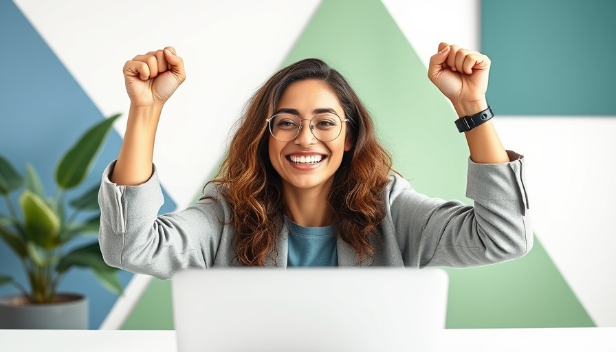 Ecstatic young woman celebrating keyword research success on laptop.