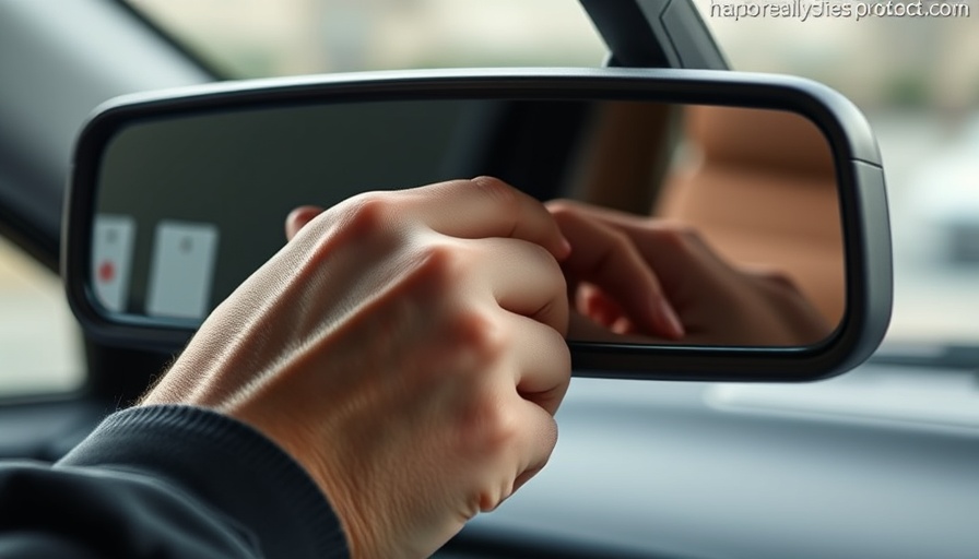 Close-up of hand using rearview mirror tab in car.