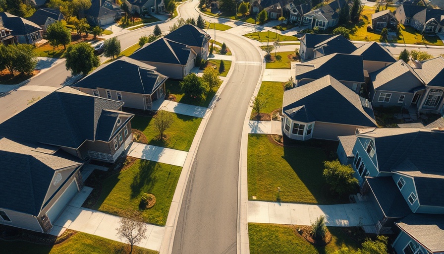 Aerial view of a modern suburban neighborhood with uniform homes.