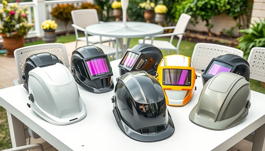 Assortment of sleek welding helmets displayed outdoors.
