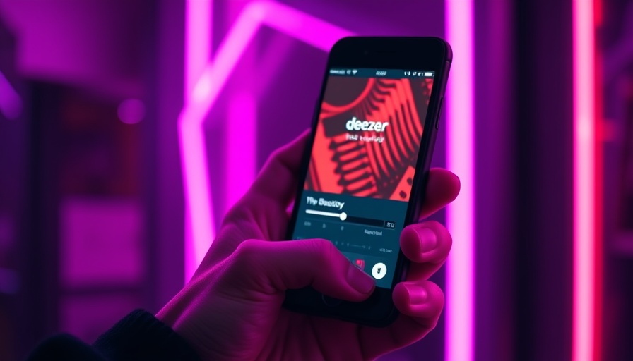 Deezer app on smartphone in vibrant neon lighting.