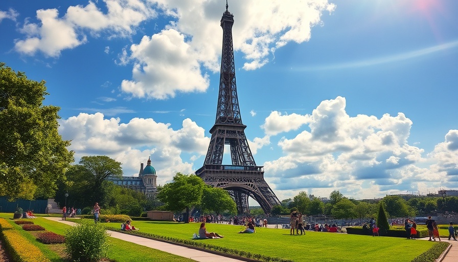 French scaleups in TECH5 Champions League, Eiffel Tower with people relaxing on a sunny day.