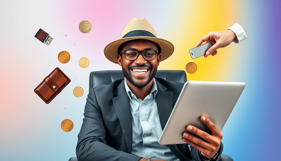 Collage of a man with business items, colorful background.