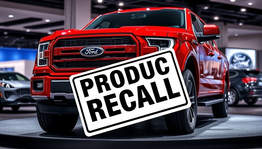 Red Ford pickup truck with recall sign, bright showroom.