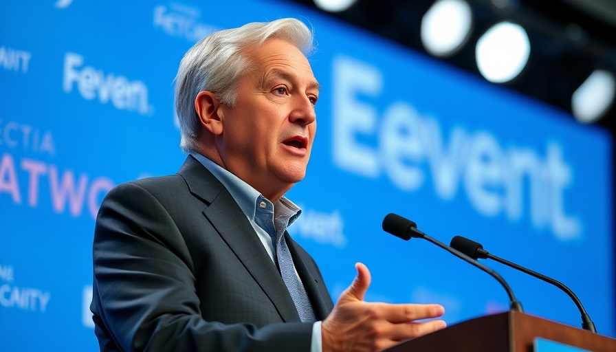 Confident older male speaking at an event, blue background.