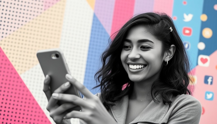 Smiling woman with smartphone, social media icons; Social Media Engagement.