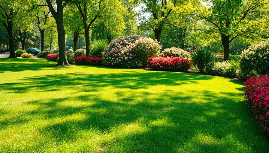 Lawn care for beginners: green lawn with trees and bushes.