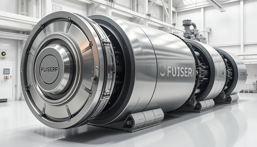 Futuristic fusion energy device in an industrial setting.
