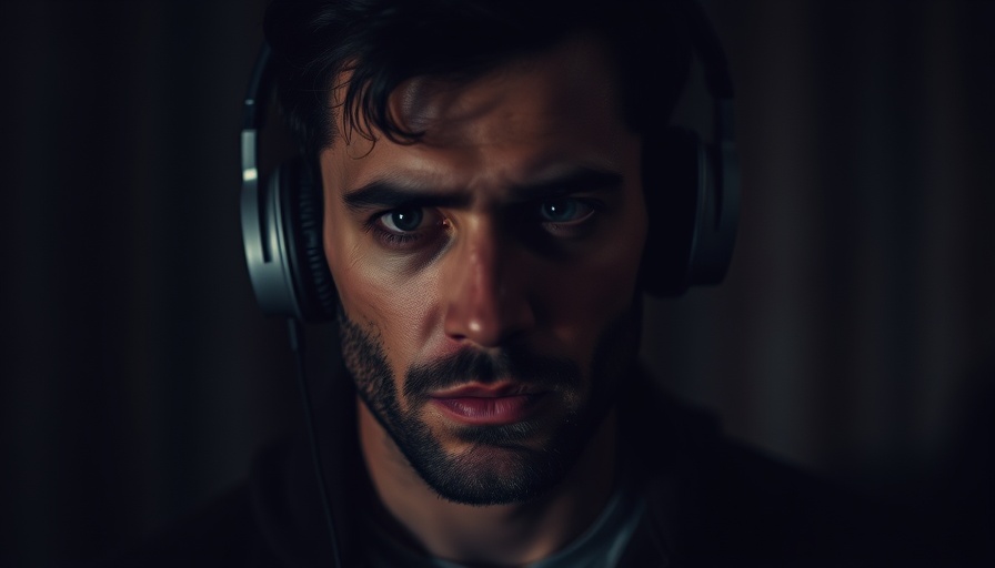 Intense headphone listener, dark backdrop, You're Not Stuck theme