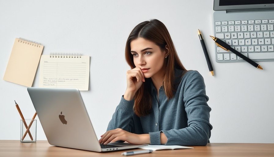 Young woman using laptop for content marketing funnel, modern design.