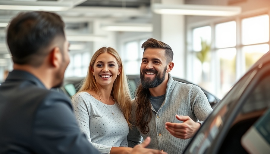 Happy couple at car dealership discussing impact of tariffs on car prices.