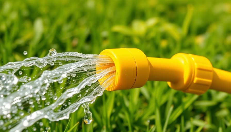 Water siphoning with yellow hose onto green grass, sunny day.