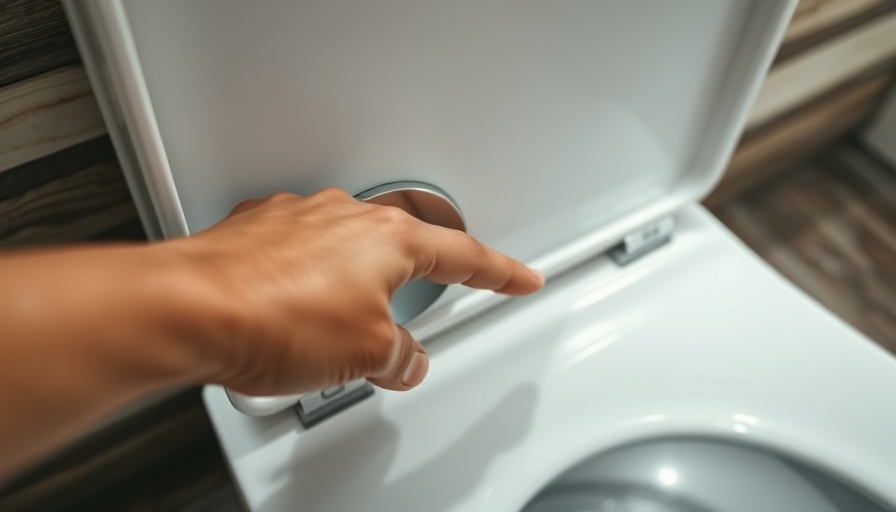 Close-up of a hand flushing a toilet in a modern bathroom