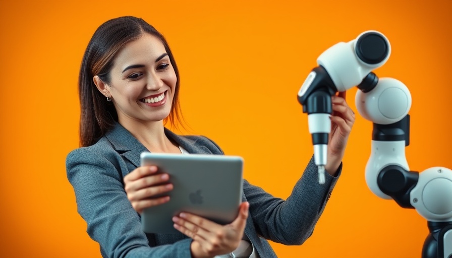 Businesswoman using tablet with AI robotic arm, tackling productivity roadblocks.