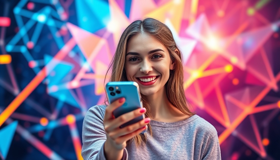 Future of Social Media 2025: smiling woman with smartphone and futuristic holograms.