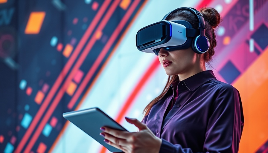 Futuristic woman with VR headset and tablet in sci-fi setting, AI Impact on Advertising.