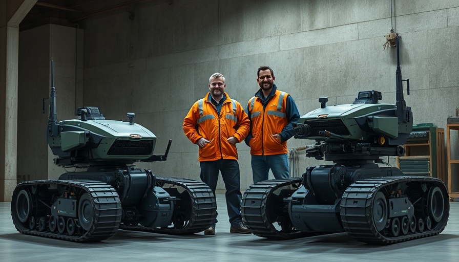 Engineers with tracked autonomous battlefield robots in an industrial setting