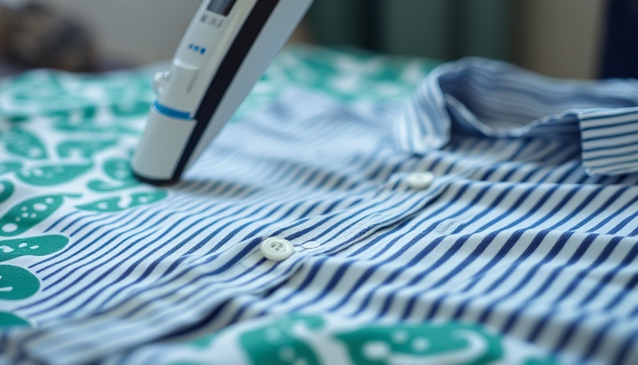 Modern steam iron pressing shirt, focus on groove