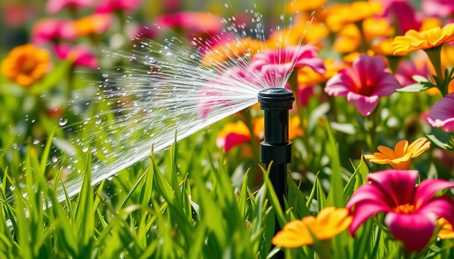 Sprinkler watering grass, showing how much water your grass needs.