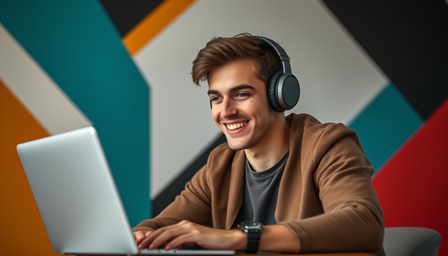 Young man using laptop for AI agents in marketing, abstract background.