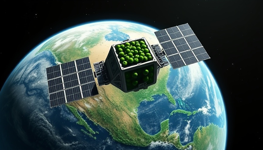 Futuristic biomass satellite floating over Earth with rainforest view.