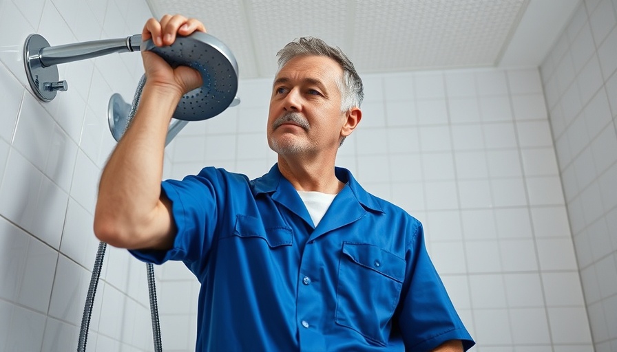 Man assessing showerhead in bathroom renovation scene