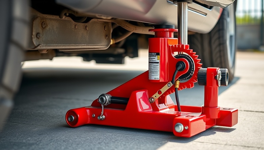 Choosing the Right Car Jack: Red hydraulic jack lifting a car outdoors.