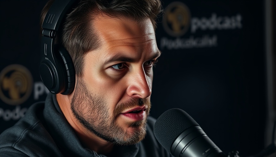 Serious podcaster delivering inspirational speech about life.