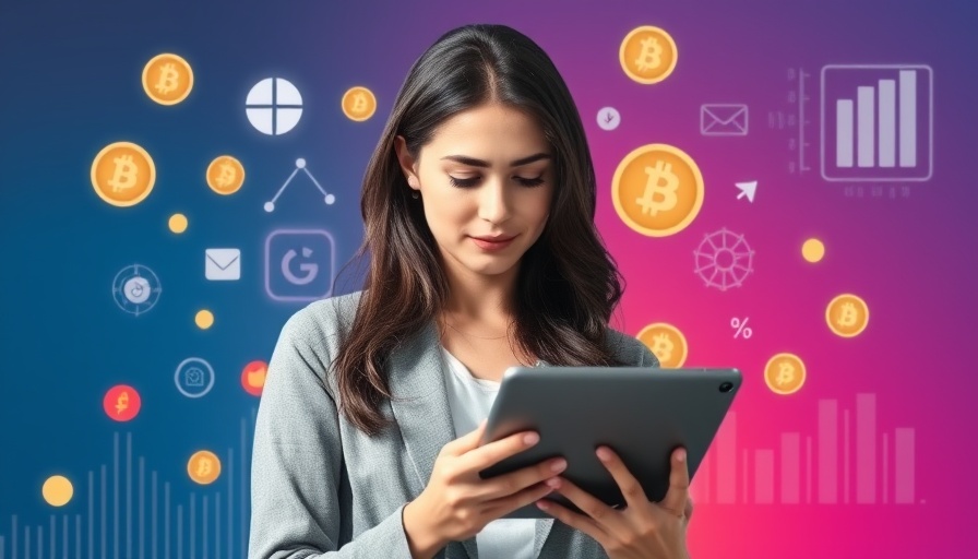 Young woman with tablet and digital icons, representing buyer journey keyword research.