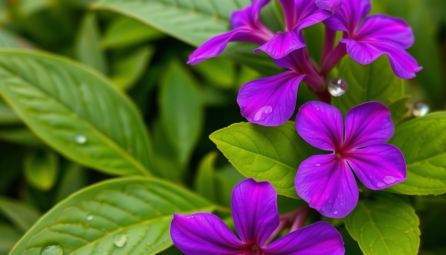 Close-up of vibrant purple flowers among green leaves with dewdrops.