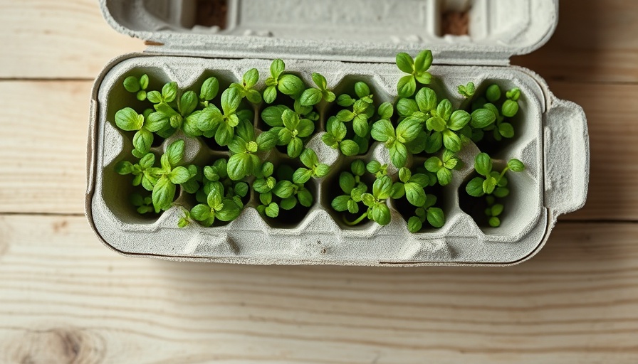 Starting seeds indoors with seedlings in an egg carton on a wooden surface