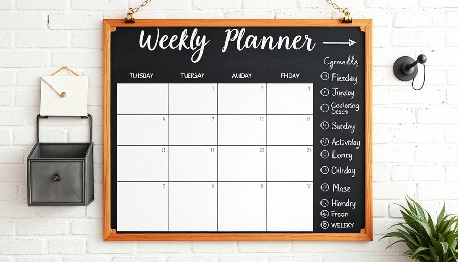 Chalkboard weekly planner on white brick wall for Home Depot Decor Days discounts.