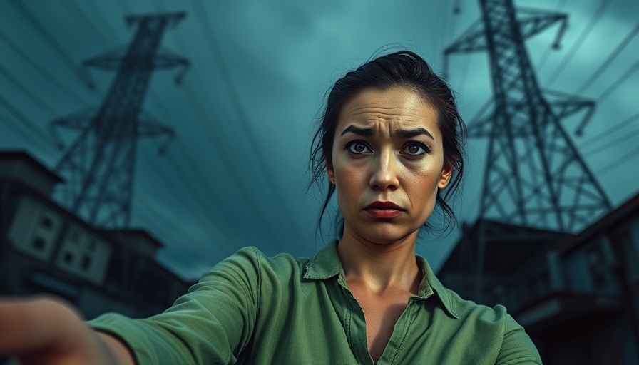 Woman takes selfie by power lines symbolizing Europe's blackout tech dependence.