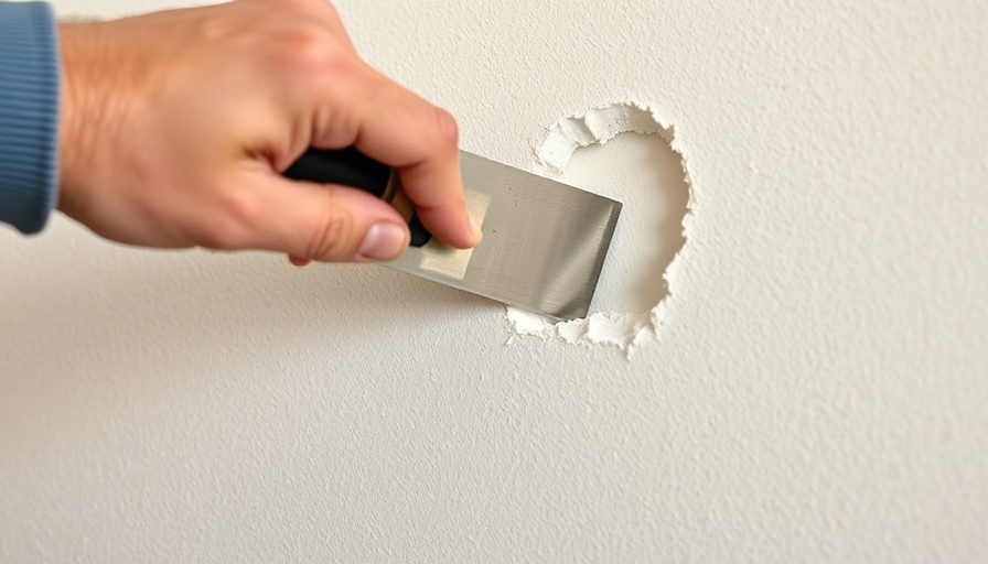 Close-up of fixing a hole in drywall with scraper tool.