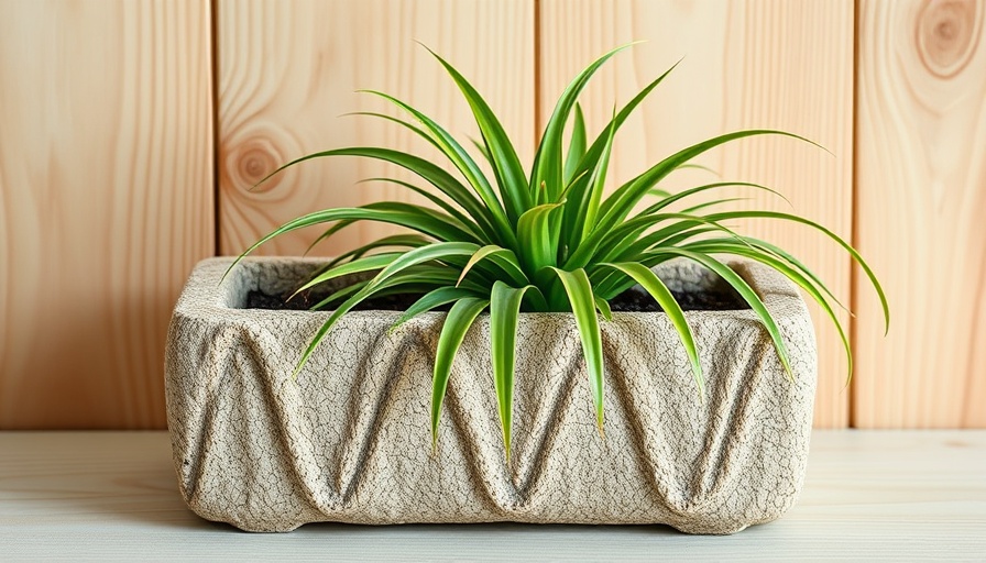 DIY hypertufa planter with green spider plant.