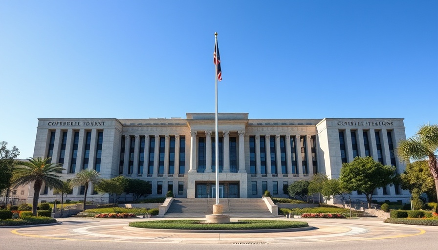 Imposing government building under a bright blue sky, foreign disinformation and gene-edited pork.