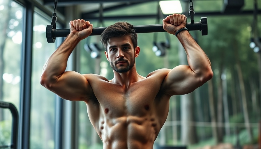 Focused man doing pull-ups in a gym with a forest backdrop