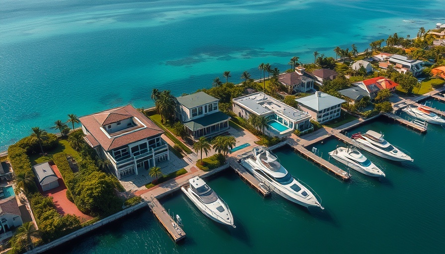 Luxurious waterfront properties in Florida with flood risk visible from above.