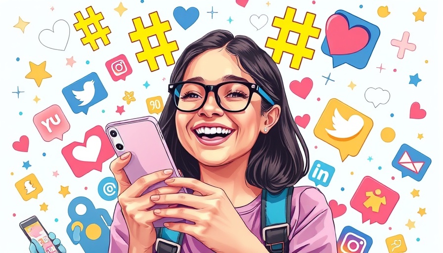 Young person using phone with social media icons in vibrant collage, 2025.