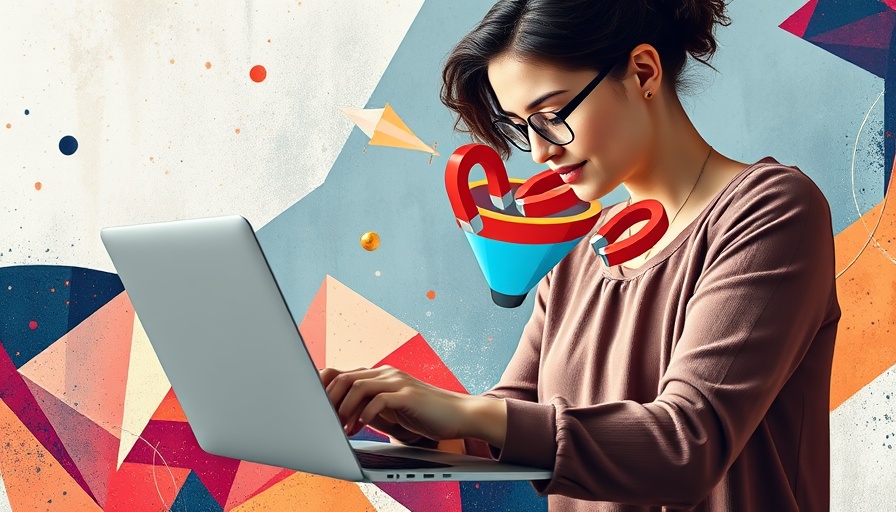 Woman using laptop with marketing funnel illustration, customer buying cycle concept.