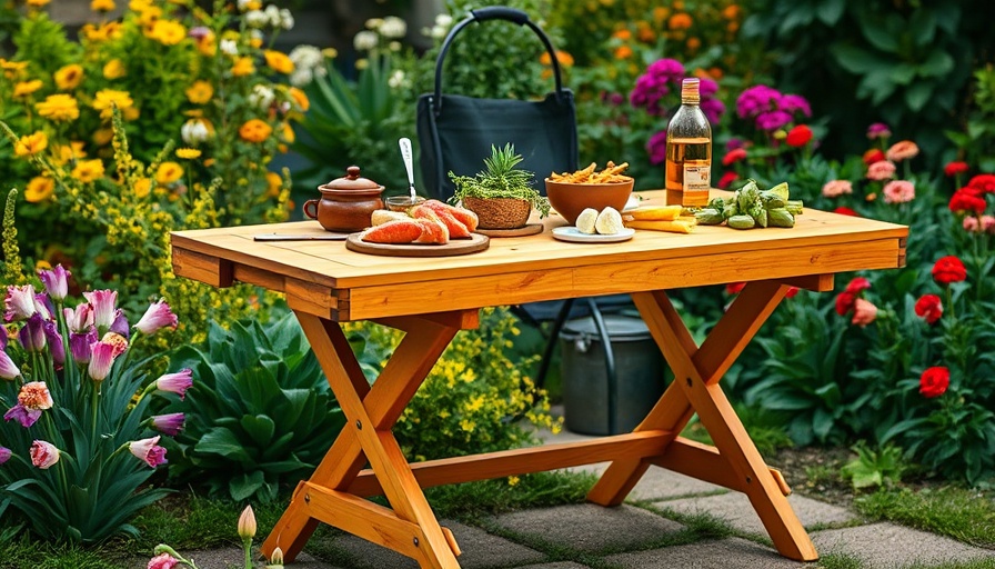 Sturdy wooden fold-up DIY grill table in garden with food and grill.