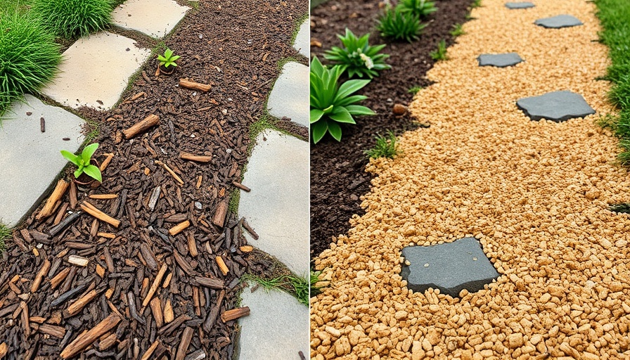 Comparison of garden path before and after mulch glue application.